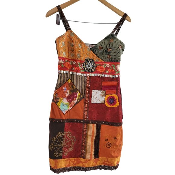 Savage Couture Brown Orange Patchwork dress Boho size Small Embroidered festival - Picture 1 of 10